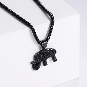 Unique black plated stainless steel African elephant pendant necklace with textured floral details