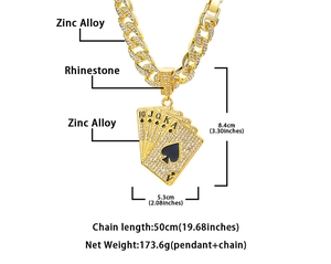 Dimensioni dettagliate del ciondolo Royal Flush dorato con strass e catena cubana NK