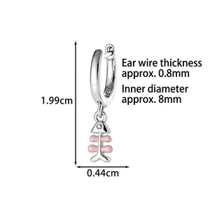 Silver fishbone wing hoop earrings with pink drops for women, 1.99cm length