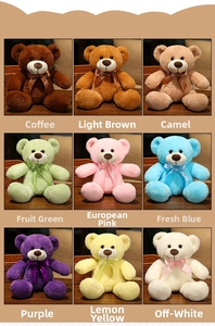 Grid view of soft plush teddy bears in nine different colors with silk bow ties