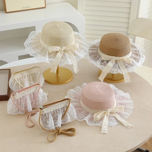 Kids straw sun hat and matching bag set with lace bow and trim in multiple colors