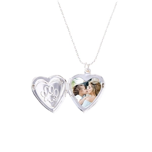 Silver heart locket necklace with footprint engraving and photo insert feature