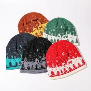 Winter knitted reindeer beanies in five colors featuring festive snow forest patterns