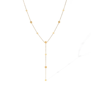 Minimalist Y-shaped golden stainless steel necklace with geometric circular charms on white