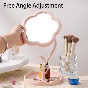 Pink sunflower desktop makeup mirror with adjustable angle and jewelry storage base
