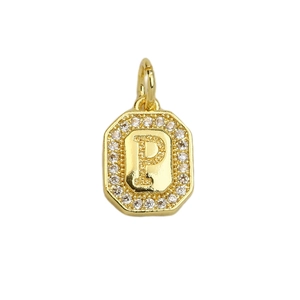 Detail of 18k gold plated square pendant with CZ stones and letter P engraving