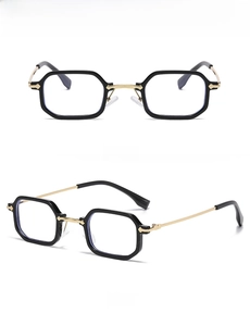 Front- und Seitenansicht der kleinen geometrischen Blaulichtfilterbrille in Schwarz-Gold