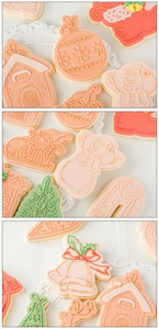 Detail view of 3D Christmas cookie cutters with Santa Claus and reindeer embossed patterns