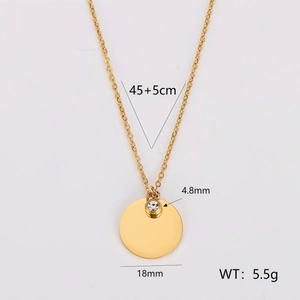 Gold stainless steel geometric circle necklace with cubic zirconia pendant and size labels