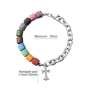 Irregular lava stone splicing bracelet with stainless steel cross pendant, length 20cm