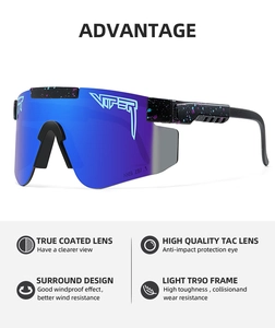 Detail of blue mirrored TAC lenses and TR90 splatter pattern frame on cycling eyewear