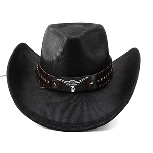 Chapeau de cowboy western noir avec bandeau en cuir marron et emblème tête de taureau argent