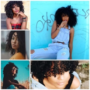 Short afro kinky curly synthetic wig for women in natural black showing multiple angles
