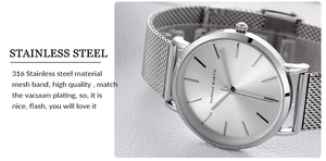 Detailed view of silver mesh band watch in 316 stainless steel with vacuum plating