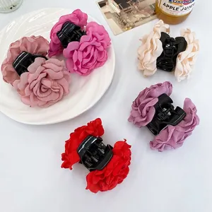Large Rose Flower Hair Claw Clip Elegant Fabric Satin Chiffon Multi Layer Floral Hairpin Retro French Style For Women