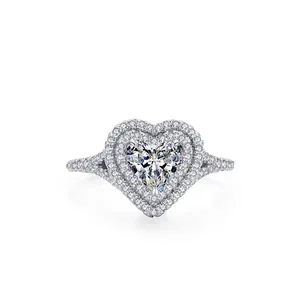 925 Sterling Silver Heart Ring Cubic Zirconia Double Halo Wedding Engagement Ring Fashion Jewelry For Women Valentine Gift