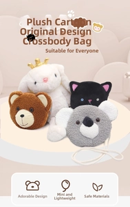 Detail showing plush animal cross-body bags in rabbit, bear, cat and koala designs