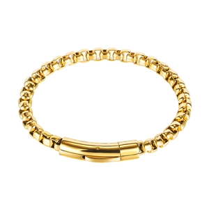 Punk style golden stainless steel Cuban link bracelet with a cylindrical clasp on white back