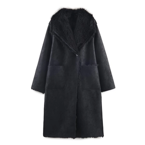 Women's black reversible faux fur coat with suede texture and oversized collar