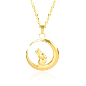 Minimalist 18k gold plated stainless steel necklace featuring moon and rabbit pendant