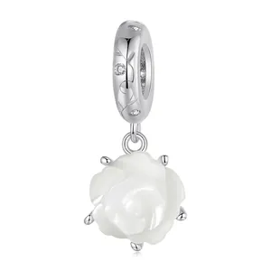 White Rose Charm Pendant 925 Sterling Silver With White Shell And Zircon For DIY Bracelet Necklace Women Elegant Floral Jewelry