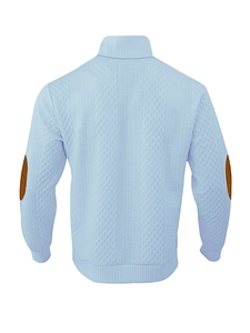 Detail of light blue cable knit sweater featuring classic brown elbow patches on sleeves