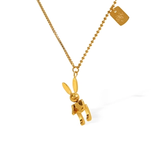 Minimalist gold mechanical rabbit pendant necklace with high-polish metallic finish