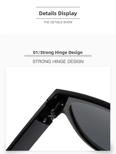 Macro close-up showing the strong metal hinge design of black oval sunglasses