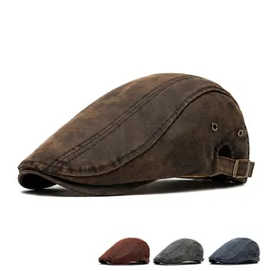 British retro flat cap for men and women in distressed faux leather, four colors selection