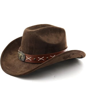 Chapeau De Cowboy Occidental Vintage Daim Large Bord Boucle Métal Tête De Taureau Ceinture Cuir Rivets Pour Hommes Femmes
