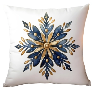 Detail of blue and gold snowflake pattern on a white square Christmas pillowcase