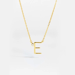 Detailed close-up of golden S925 sterling silver letter E pendant with zircon