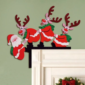 Christmas reindeer and Santa Claus wooden door frame corner decoration with L-shaped bracket