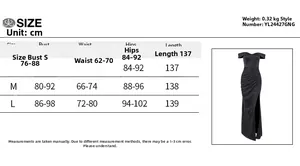 Detailed size chart for off-shoulder slit dress with bust, waist, and hip measurements