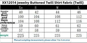 Detailed size chart for the fashion poplin shirt with jewel buttons and measurements