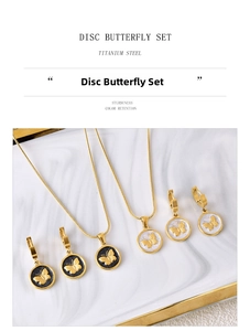 Detailed macro view of 3D butterfly titanium steel necklace and earrings set in gold