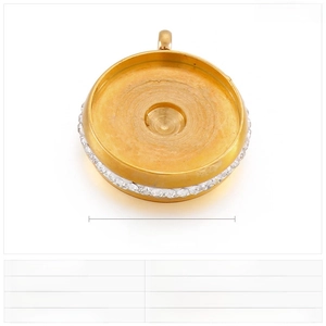 Detailed view of 18mm gold stainless steel round pendant tray with white rhinestones