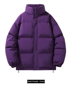 Front view of deep purple thick puffer jacket featuring high collar and quilted texture