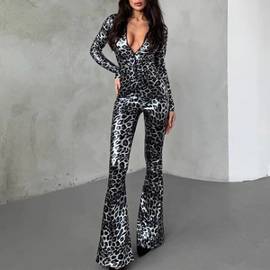 Women Silver Metallic Leopard Print Jumpsuit Deep V Neck Long Sleeve Flare Leg Slim Fit Disco Party Clubwear