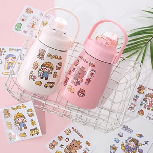 Cute cartoon stickers set for pink and beige thermal water bottles for kids and students