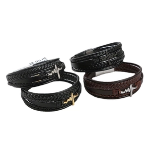 Handmade leather multi-layer bracelets with ECG metal charms and magnetic clasps