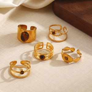 Vintage tiger eye stone rings set with 18k gold plating and adjustable open bands