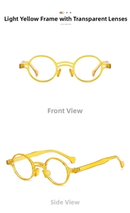 Detail view of vintage round light yellow transparent sunglasses with integrated nose pads