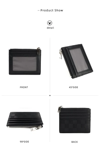 Detailed views of checkered leather slim wallet with zipper and multi-card slots