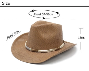 Size guide for straw cowboy hat showing 57-58cm head girth and 8cm brim width