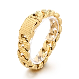 Punk style gold cuban link chain ring with diagonal textured rectangular plate