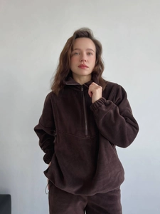 Survêtement en polaire marron foncé pour femme avec demi-zip et pantalon de jogging
