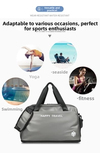 Water-resistant travel bag detail showing yoga, beach, swimming, and gym use cases