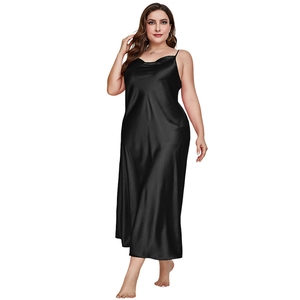 Plus size black satin long camisole nightgown with thin straps and silk-like finish