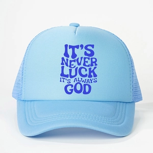 Casquette trucker bleu clair avec texte IT'S NEVER LUCK et filet respirant